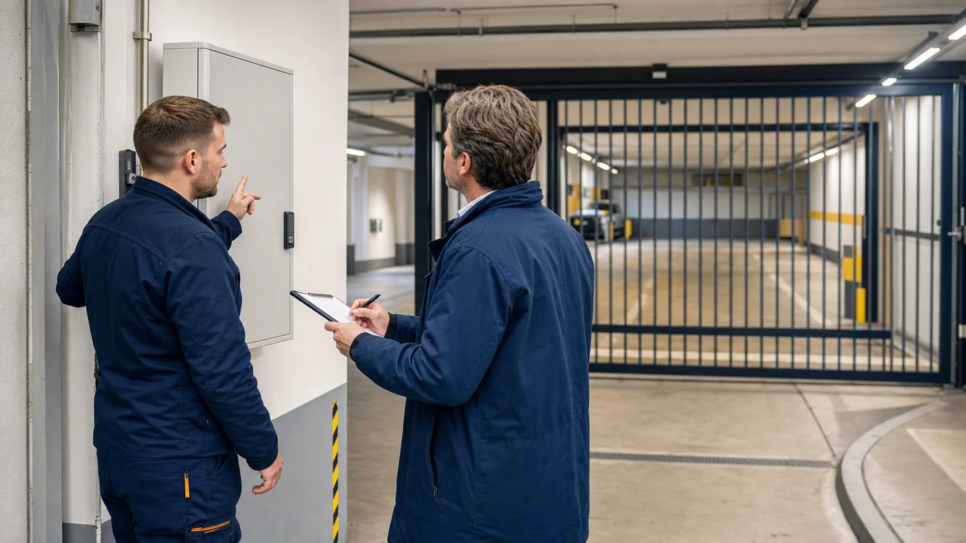 Servicetechniker und Hausverwalter pruefen in einer Wiener Sammelgarage eine Torsteuerung und dokumentieren veraenderte Oeffnungs- und Schliesszeiten, realistische Servicefotografie ohne Logos