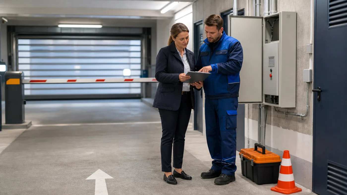 Servicetechniker und Hausverwaltung dokumentieren in einer Sammelgarage in Wien Niederoesterreich Steuerungszeiten ohne offene elektrische Arbeiten