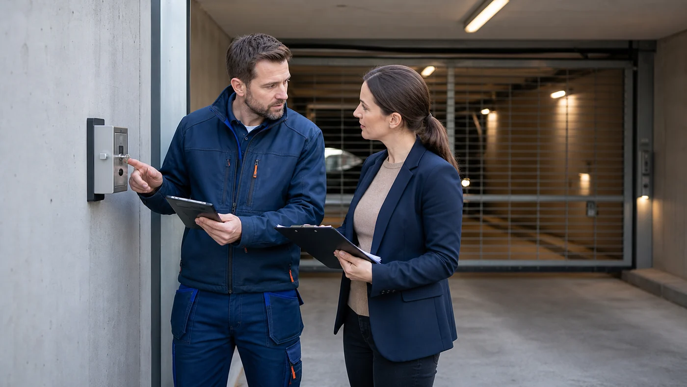 Servicetechniker und Vertreterin der Hausverwaltung besprechen an einer Sammelgaragenzufahrt in Wien Niederoesterreich einen Schluesselschalter und den Betreiberprozess, realistische Servicefotografie ohne Logos