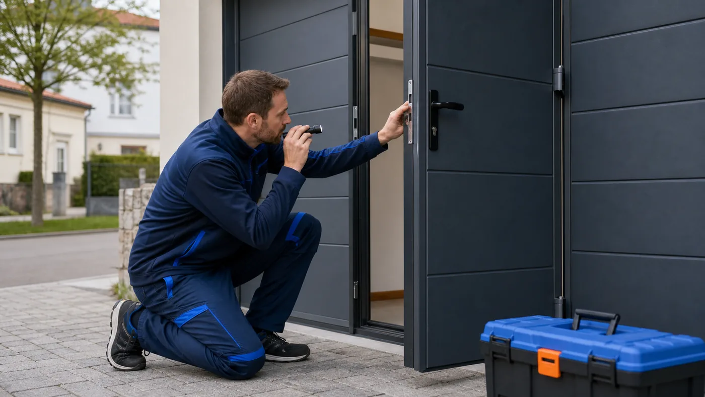 Servicetechniker prüft den Schlupftürkontakt an einem Garagentor mit integrierter Tür in Wien/Niederösterreich, realistische Technikfotografie ohne Logos