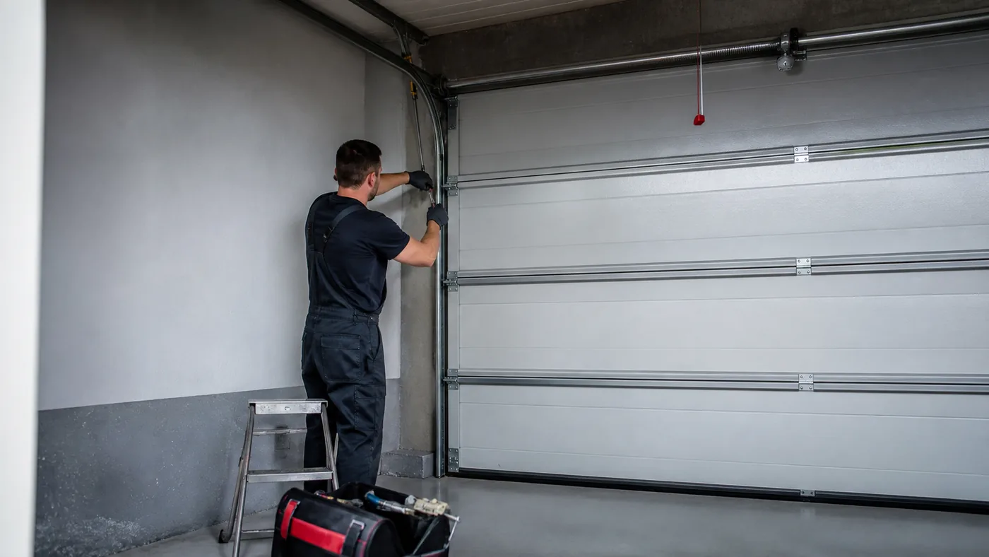 Servicetechniker inspiziert das Schloss und die Verriegelung eines Schwingtors in einer Garage in Wien/Niederösterreich, realistische Technikfotografie ohne Logos