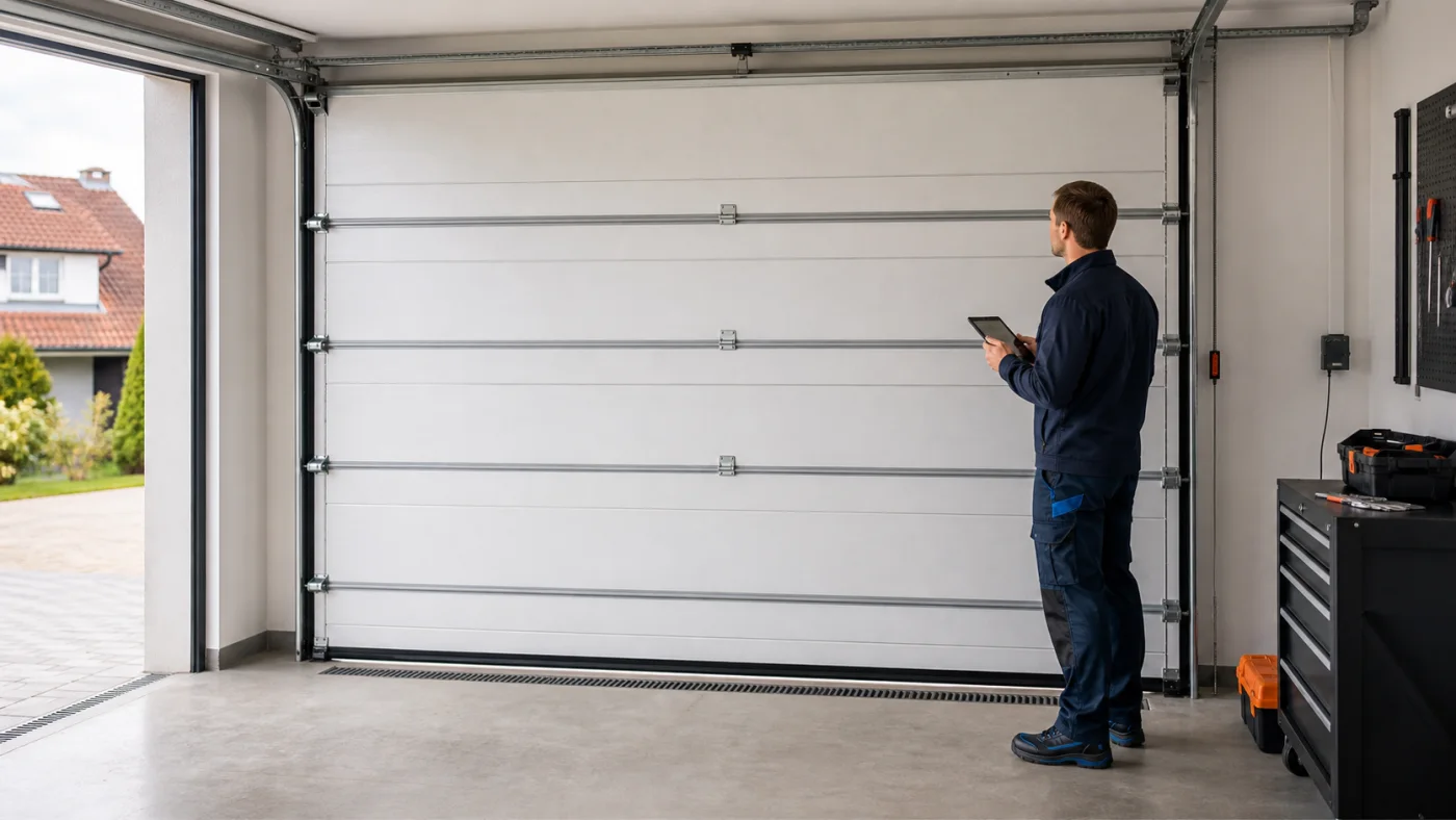 Servicetechniker dokumentiert aus Abstand ein einseitig locker wirkendes Hebeseil an einem stillstehenden Sektionaltor