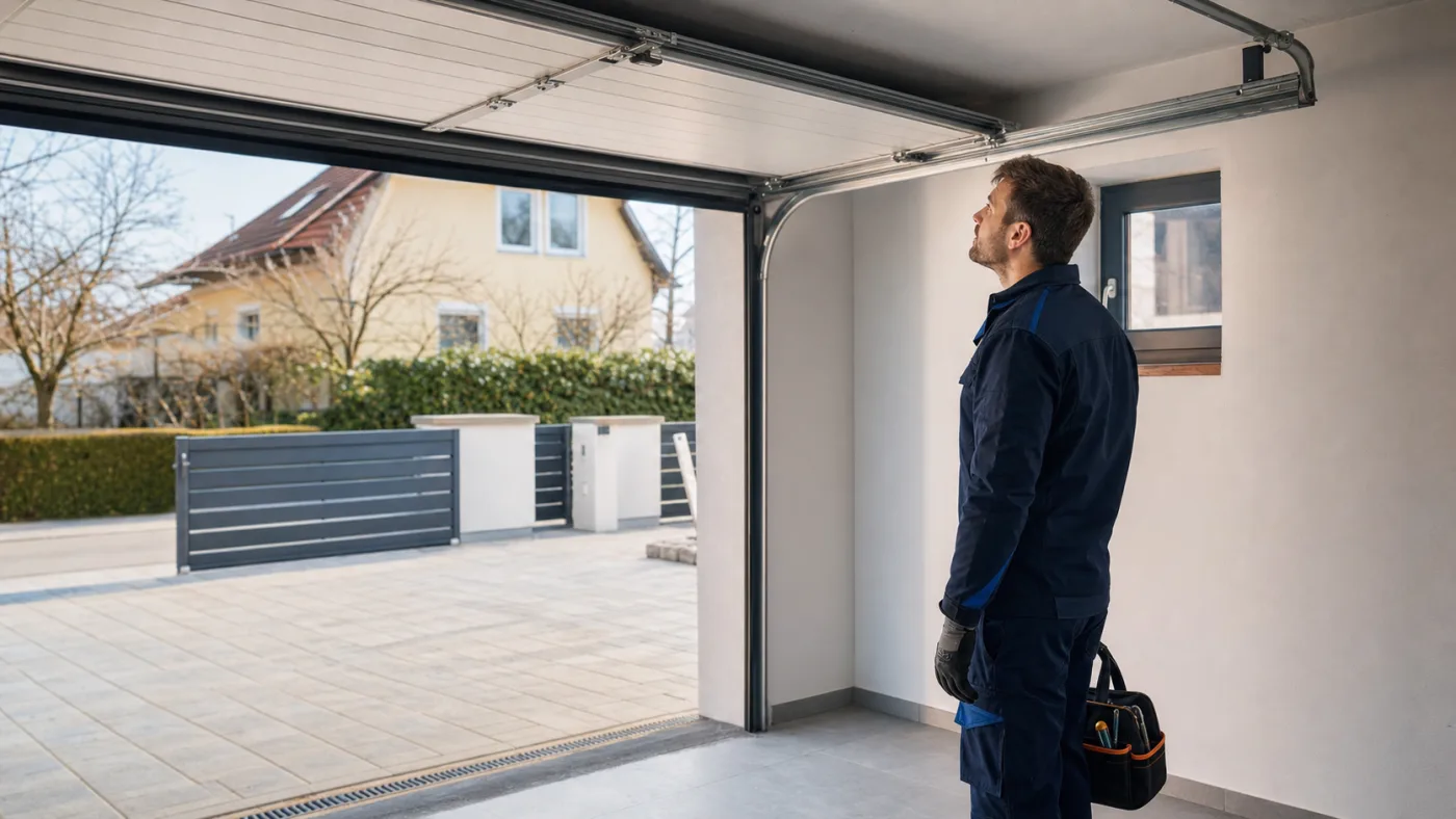 Servicetechniker betrachtet den oberen Rollen- und Schienenlauf eines stillstehenden Sektionaltors