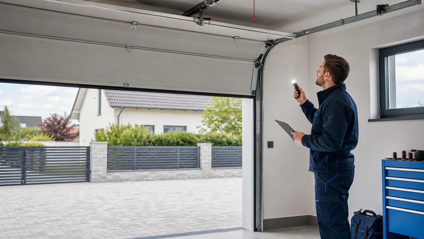 Techniker beobachtet die obere Laufrolle und Führung eines fast geöffneten Sektionaltors in einer Garage bei Wien