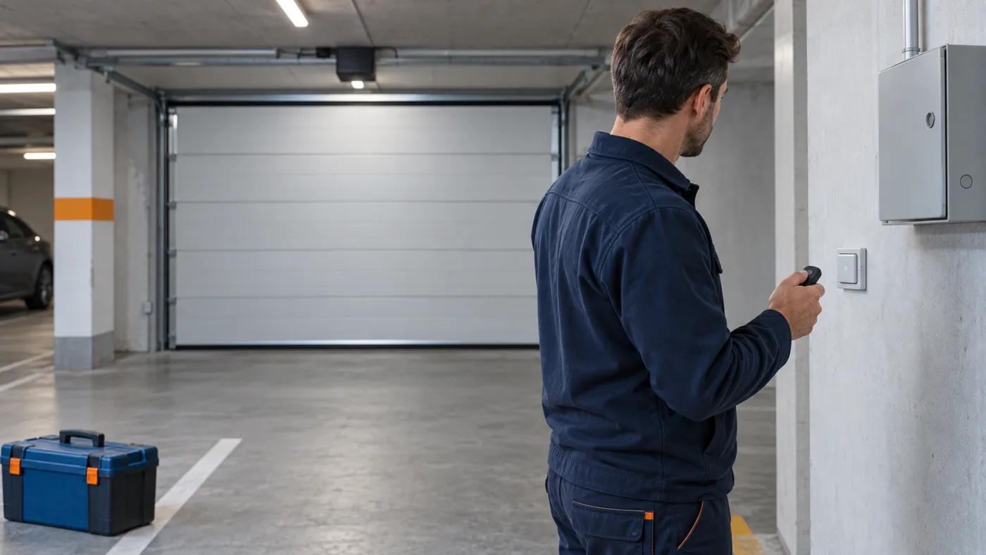 Servicetechniker hält einen unbeschrifteten Handsender neben einem Wandtaster in einer Sammelgarage